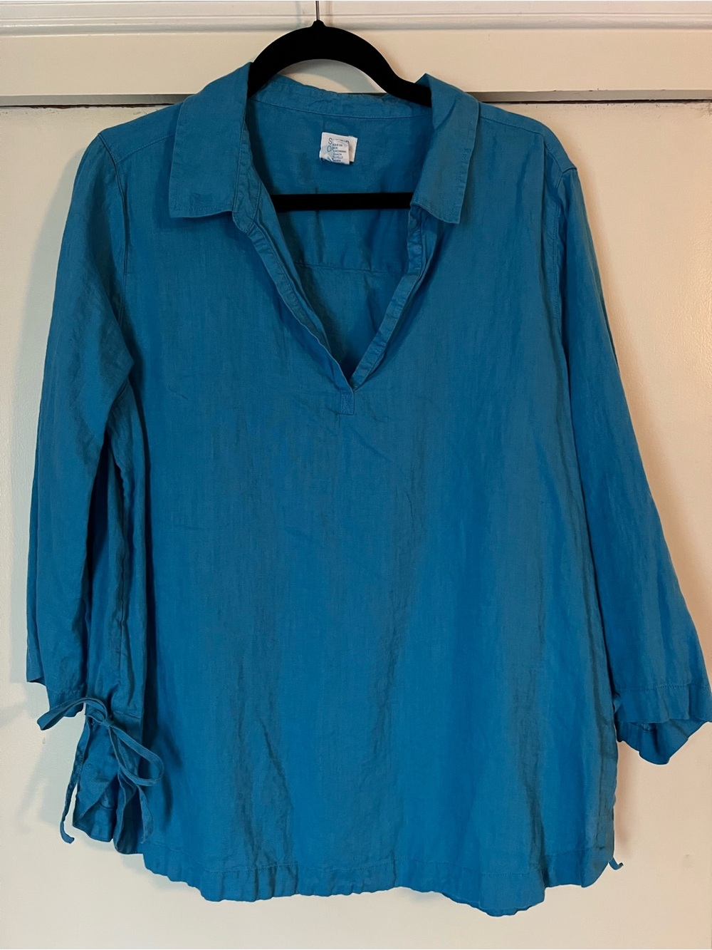 Sigrid Olsen Teal V-Neck Tunic Top 100% Linen